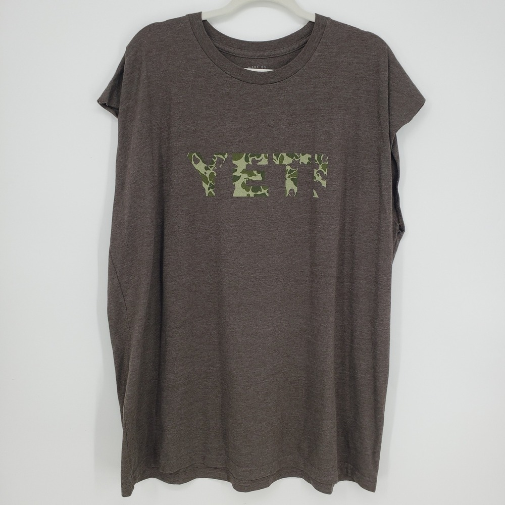 YETI Camo Logo Muscle Tank Mens XXL Brown Sleeveless Shirt Cotton Outdoor Tee